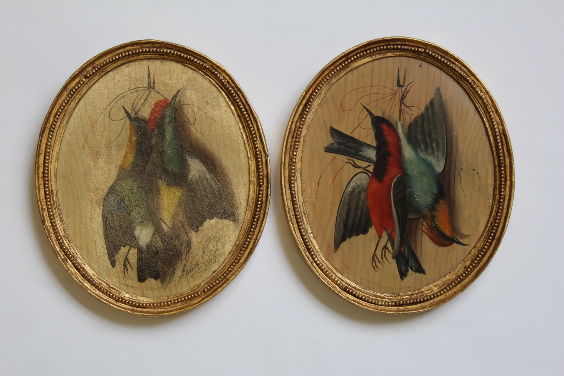 Artwork by Michelangelo Meucci, 2 WORKS; STILL LIFES OF HANGING BIRDS A, Made of oil on board