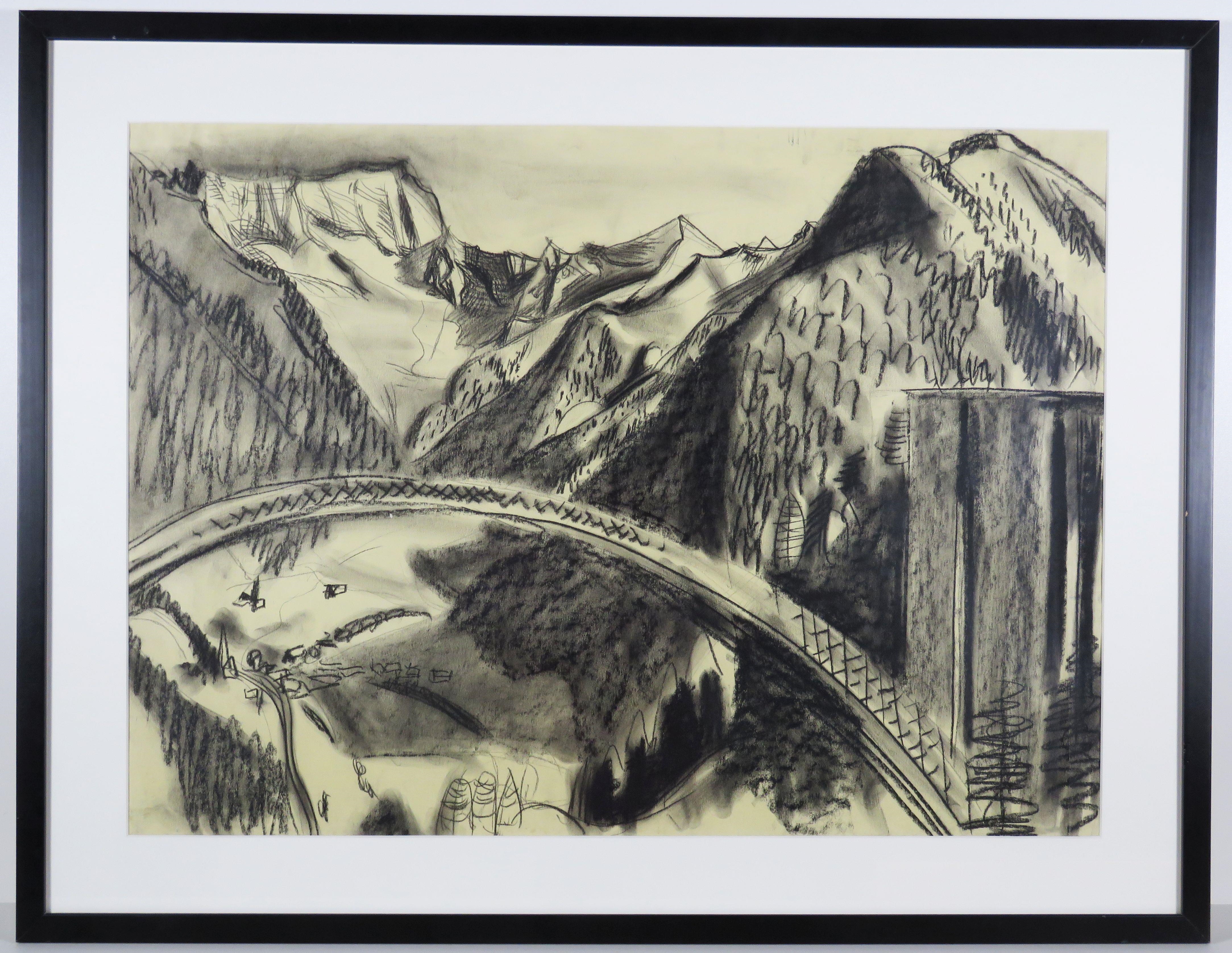 Artwork by Walter Honeder, Brückenbau in den Alpen, Made of charcoal on paper