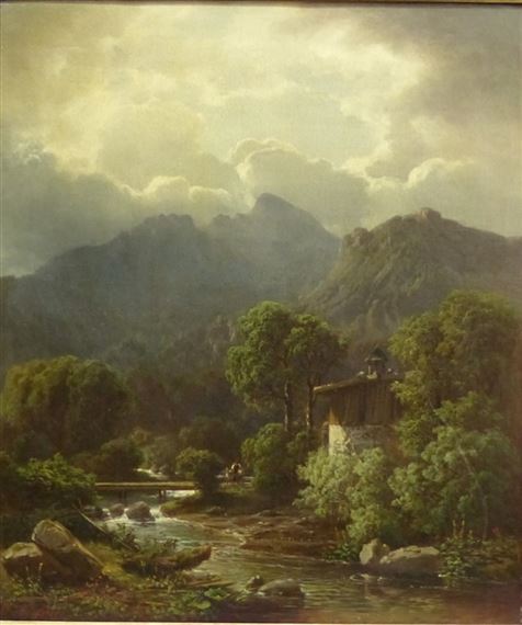"Gebirgslandschaft mit Talschneise, im Vordergrund ein Haus am Fluss, Magd und Kind auf der Brücke" by Carl Hafner