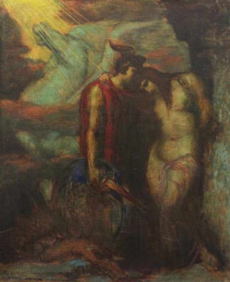 Mythologische Szene - wohl Darstellung der Argos Geschichte mit Hermes und Pegasus by Adolf Frey-Moock