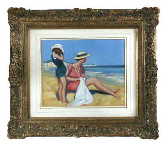 Mother and daughter wearing straw hats on a beach by Alfred Palmer