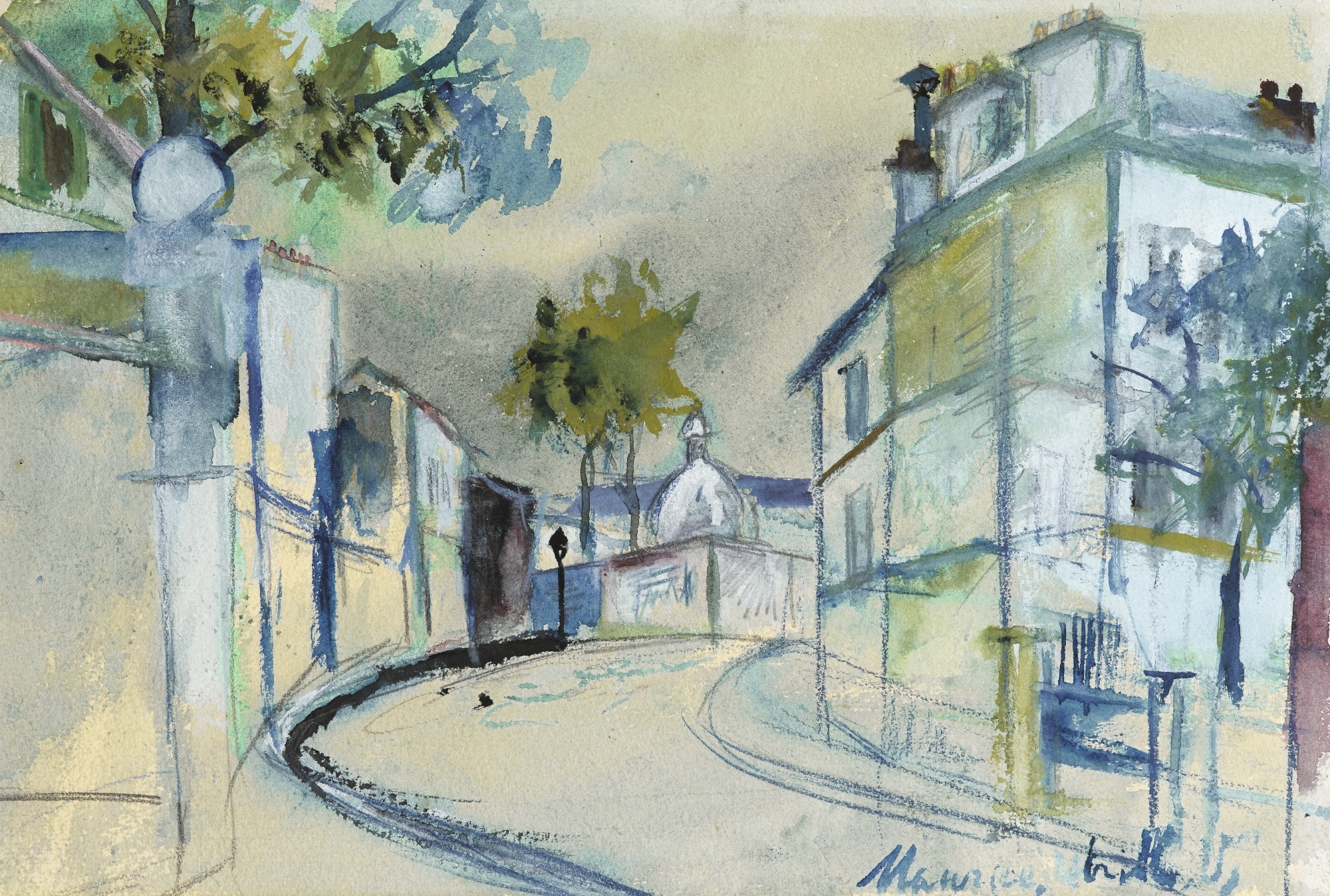 Artwork by Maurice Utrillo, RUE RAVIGNAN, MONTMARTRE, Made of watercolour and gouache on paper