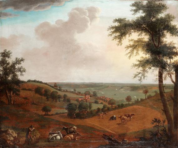 A drover with his herd in a hilly landscape, before a country house by Charles Catton the Elder