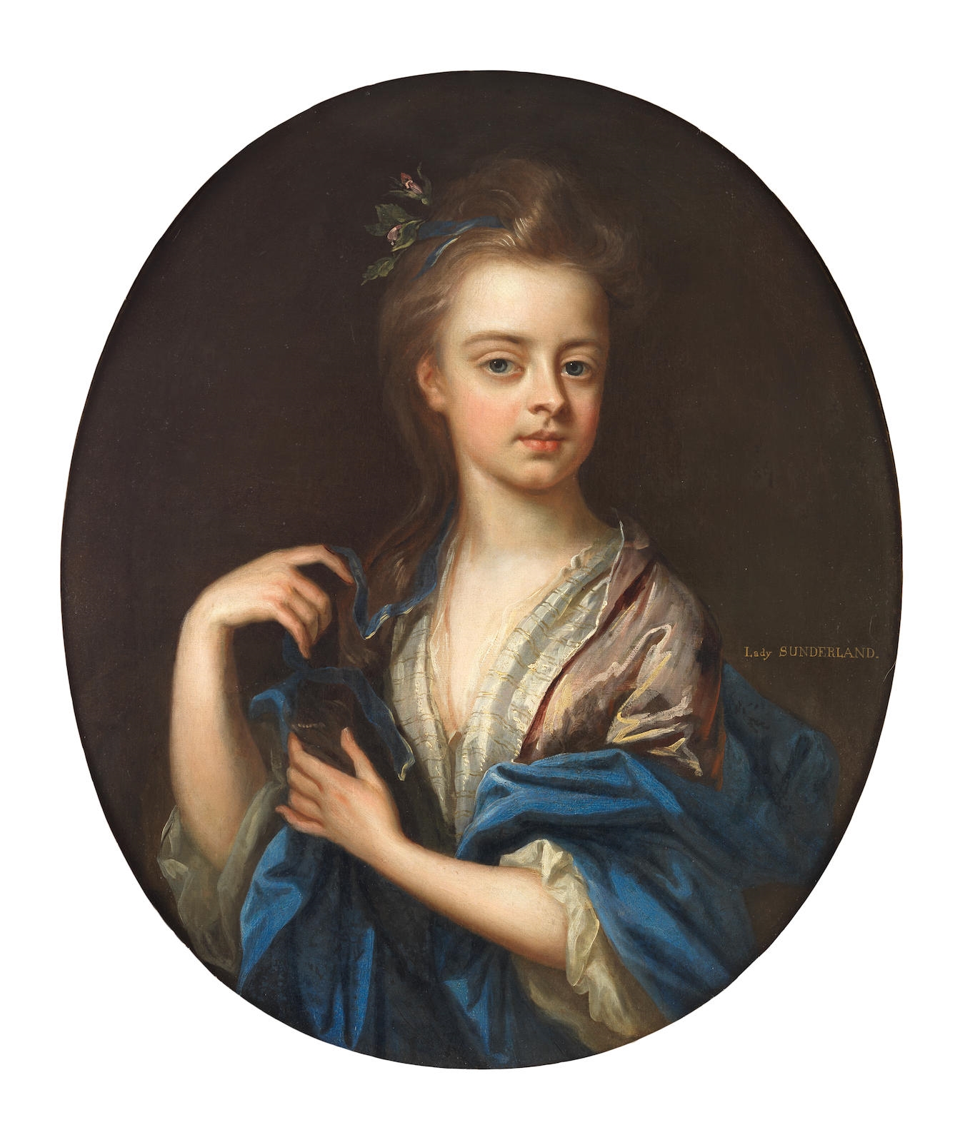 Artwork by John Closterman, Portrait of Anne Churchill, later Countess of Sunderland, as a young girl, half-length, in a white dress and blue shawl, Made of oil on canvas