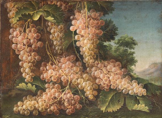 Bunches of grapes before a landscape by Francesco Malagoli