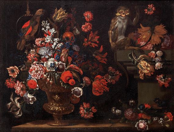 A bronze urn filled with flowers beside a parrot and a monkey on a pedestal by Pier Francesco Cittadini