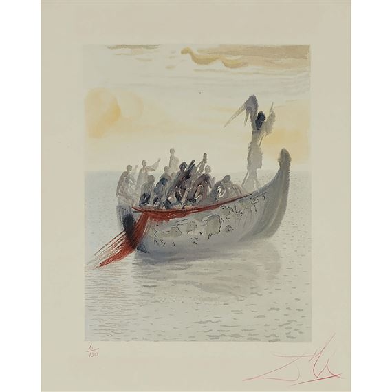 a painting of a boat with people in it