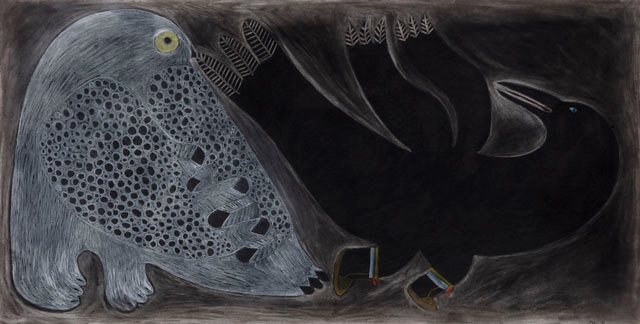 Composition (Owl and Raven in Kamiks) by Ningeokuluk Teevee, 2017