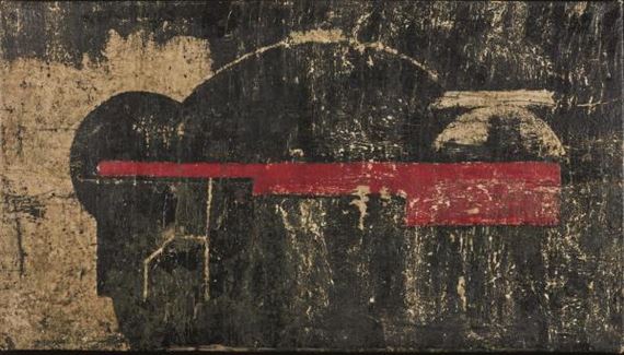 A weathered abstract composition featuring a bold red horizontal band cutting through dark, textured shapes.