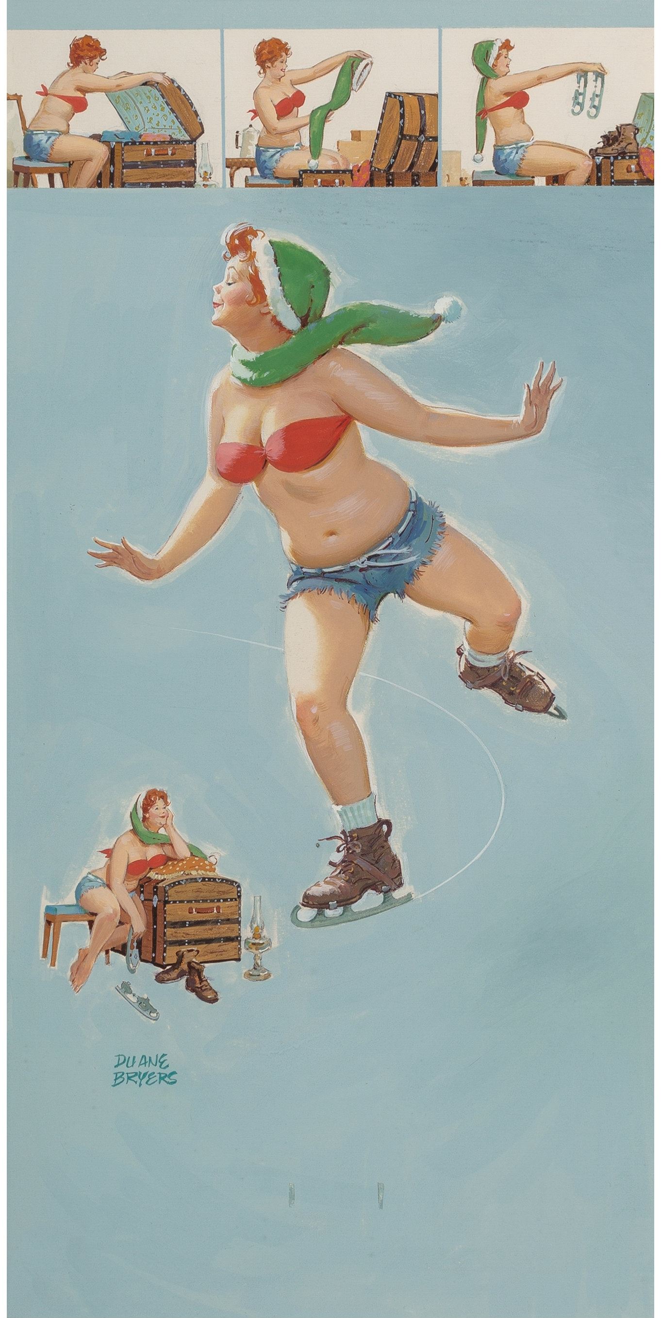 Hilda on Ice, Brown and Bigelow calendar illustration by Duane Bryers