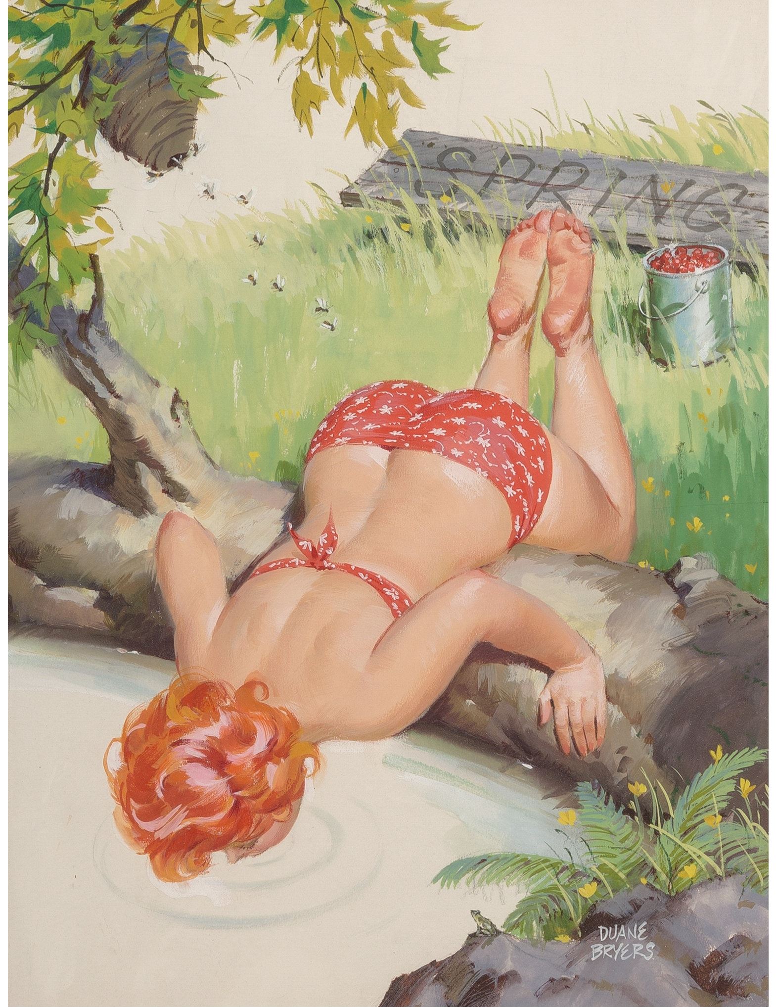 Hilda Drinking from the Spring, Brown & Bigelow calendar illustration by Duane Bryers