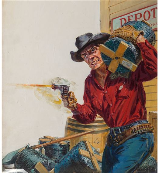 Loose Tongues - Mean Hot Triggers, 10 Story Western Magazine cover by Norman Saunders, 1950