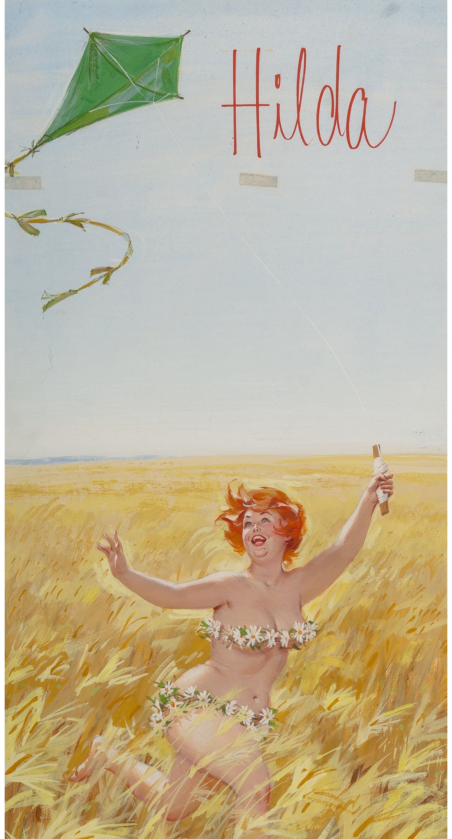 Hilda Flying Kite, Brown & Bigelow calendar illustration by Duane Bryers