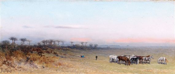 A vast landscape with grazing horses and resting shepherds by Ivan Pranishnikoff