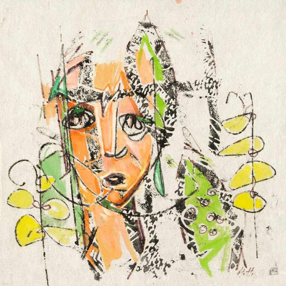 Mädchenkopf mit Blumen. by Hannah Höch, 1960