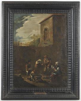 Famille de paysans au pied d'une maison - Maitre des Petits Metiers