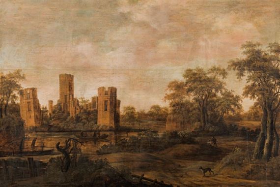 River landscape with fishermen and ruins by Anthonie Jansz. van der Croos