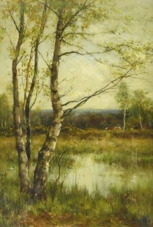 Birch trees and grazing cattle by James Edward Grace