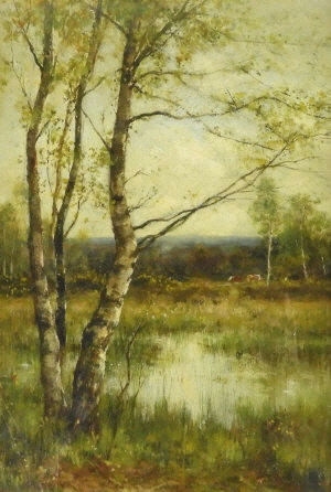 Artwork by James Edward Grace, Birch trees and grazing cattle, Made of oil on board