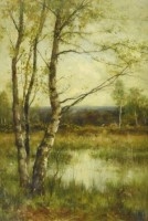 Artwork by James Edward Grace, Birch trees and grazing cattle, Made of oil on board