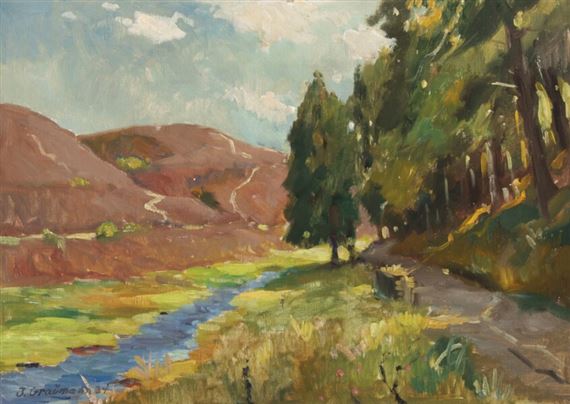 Hilly landscape by a stream by Julius Graumann