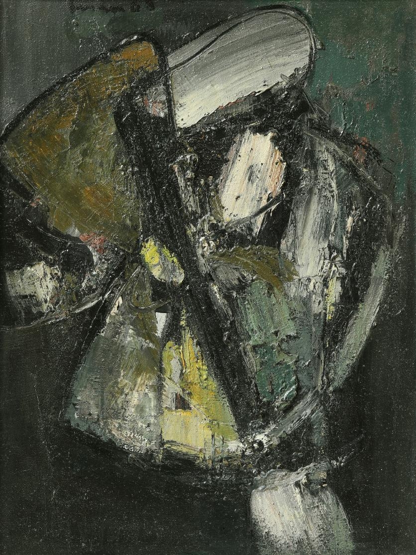 Artwork by Carl Walter Liner, Komposition schwarz-ocker, Made of oil on burlap