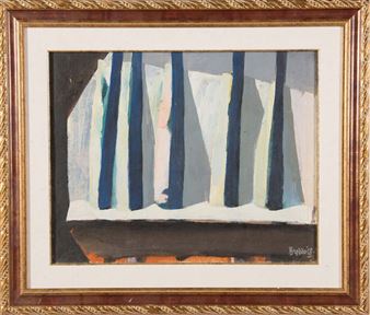 A framed abstract painting featuring vertical blue and white stripes against a dark background.