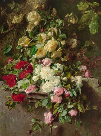A still life with roses tumbling over a stone ledge by Adriana Johanna Haanen, 1875