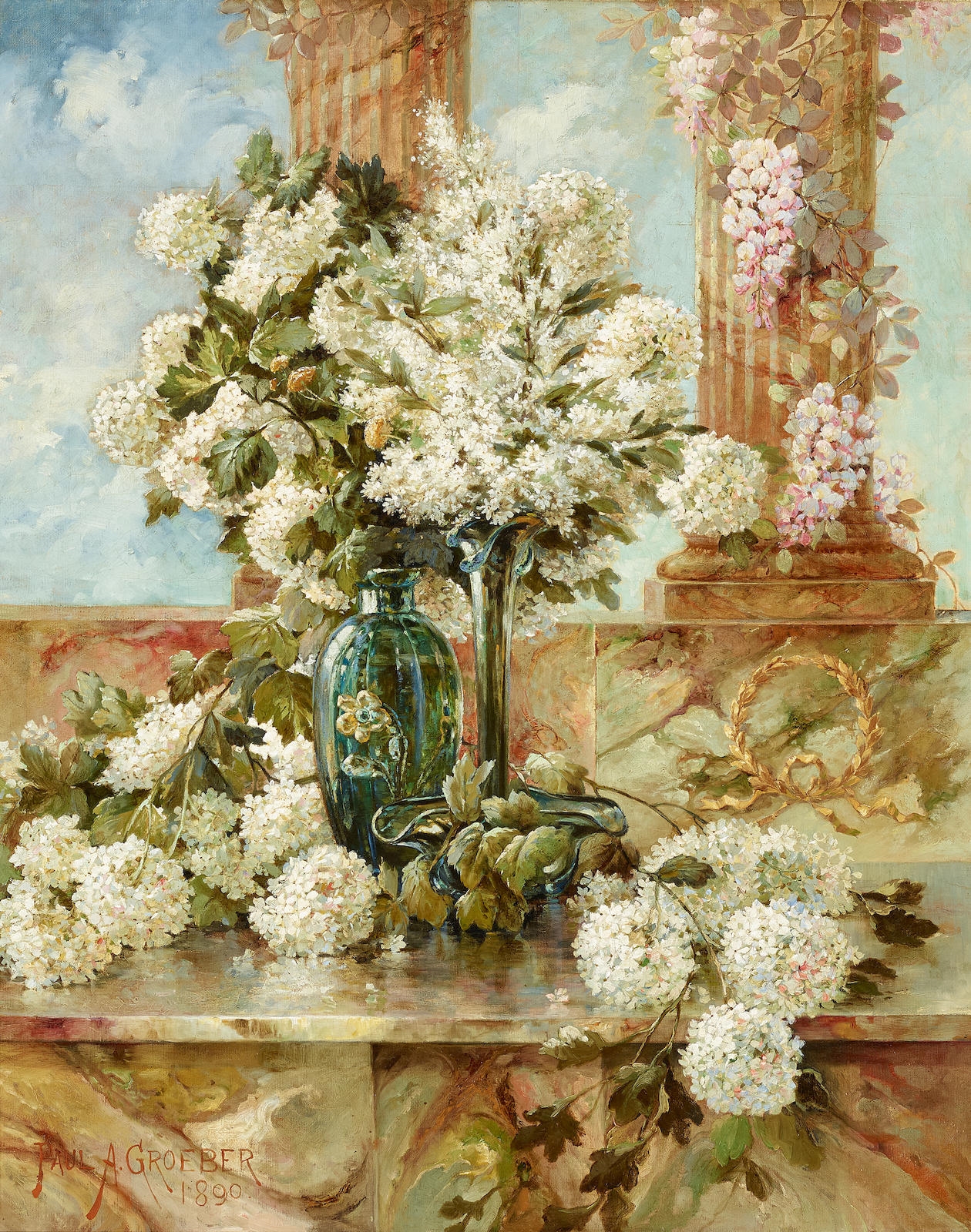 Paul A. Groeber | A still life with hydrangeas and lilacs on a marble ...