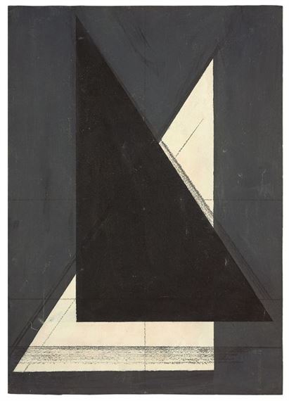 Schwarzer Keil über weißem vor dunklem Graublau mit Konstruktionslinien