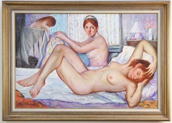 A pastel painting of three nude figures in a bedroom setting.