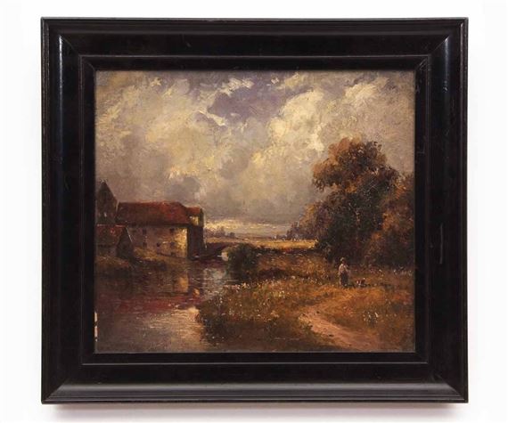 River landscape with figure and Mill by Campbell A. Mellon