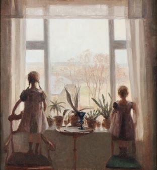 Living room interior with two little girls looking out of a window - Carl Vilhelm Meyer
