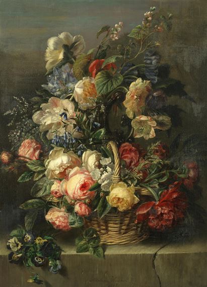 An abundant still life of flowers by Adriana Johanna Haanen, 1857