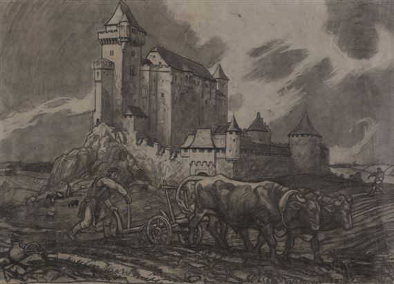 Pflügender Bauer vor der Burg Liechtenstein bei Mödling