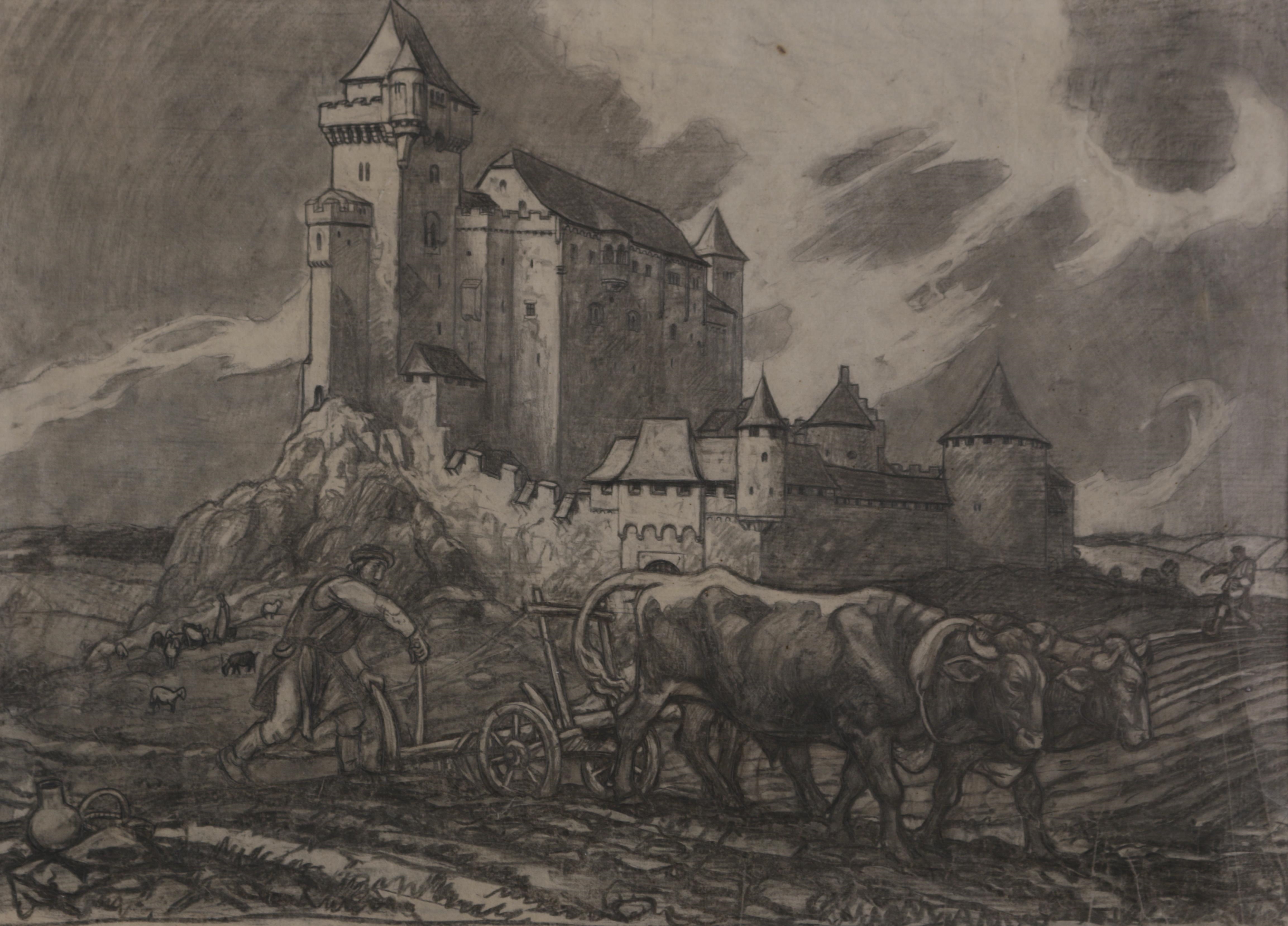 Artwork by Wilhelm Dachauer, Pflügender Bauer vor der Burg Liechtenstein bei Mödling, Made of graphite and charcoal on paper