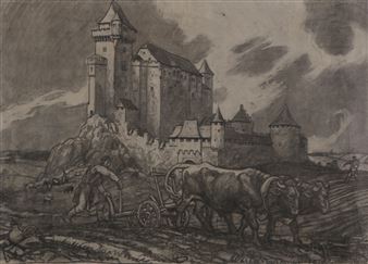Pflügender Bauer vor der Burg Liechtenstein bei Mödling - Wilhelm Dachauer