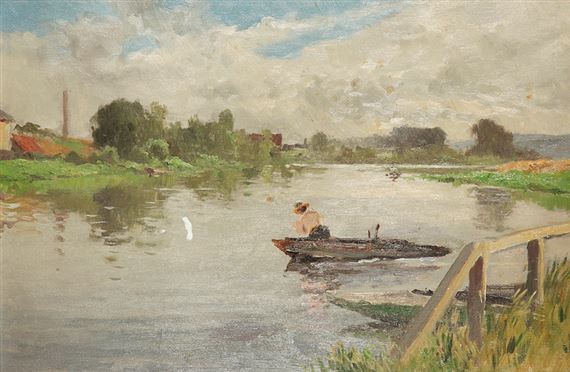 Paysage, bords de rivière femme en rose dans un barque by Emile Vauthier