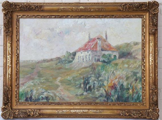A framed landscape painting of a house on a grassy hill under an overcast sky.