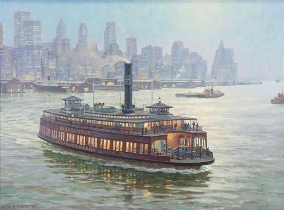 Lackawana Railroad Ferryboat Railroad Ferryboat 'Binghamton' Crossing From Manhattan to Hoboken, N.J. on a Summer Night in 1955" by William G. Muller, 1989