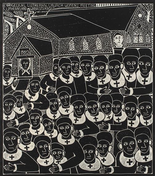Evangelical Lutheran Church, Women's Meeting by John Ndevasia Muafangejo, 1974
