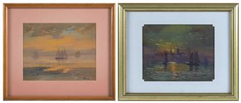 Two Works: Three sailing vessels along the New England coastline, Dusk view of Marblehead with Abbott Hall and church steeples on horizon - John A. Cook