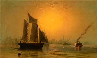Boats in a harbour at sunset - C. A. Le Junaé