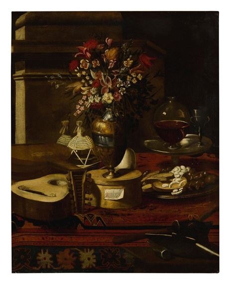 Still life of a vase of flowers, musical instruments, two flasks, a dish with sweets and other objects on a table by Pier Francesco Cittadini