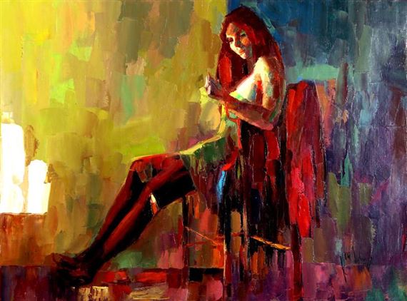 A vibrant, impressionistic portrait of a seated figure in a colorful, abstract interior.
