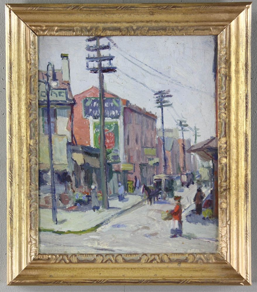 Artwork by Beatrice Edgerly, Philadelphia Street Scene, Made of oil on board