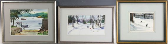 3 works: Cardinal in winter, two mourning doves in winter, and lake scene with sailboats by Bernie Gerstner