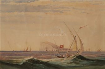 An Ottoman xebec sailing off the Rock of Gibraltar with a British Squadron anchored in the distance - Charles Harvey