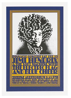 A bold concert poster featuring a high-contrast portrait of a person with an afro hairstyle and layered text announcing a musical event.