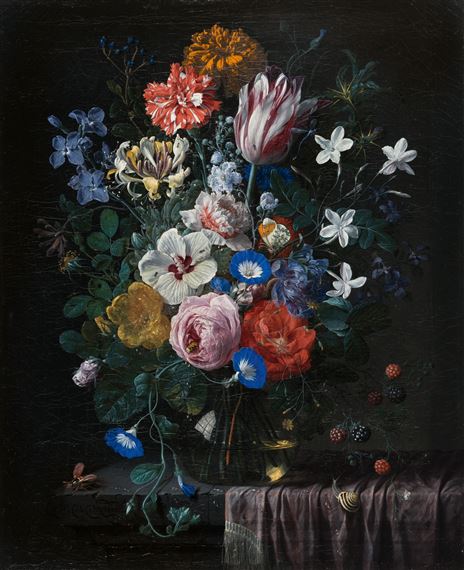 Still life of roses, a tulip, hibiscus and blackberries by Nicolaes van Veerendael, 1672
